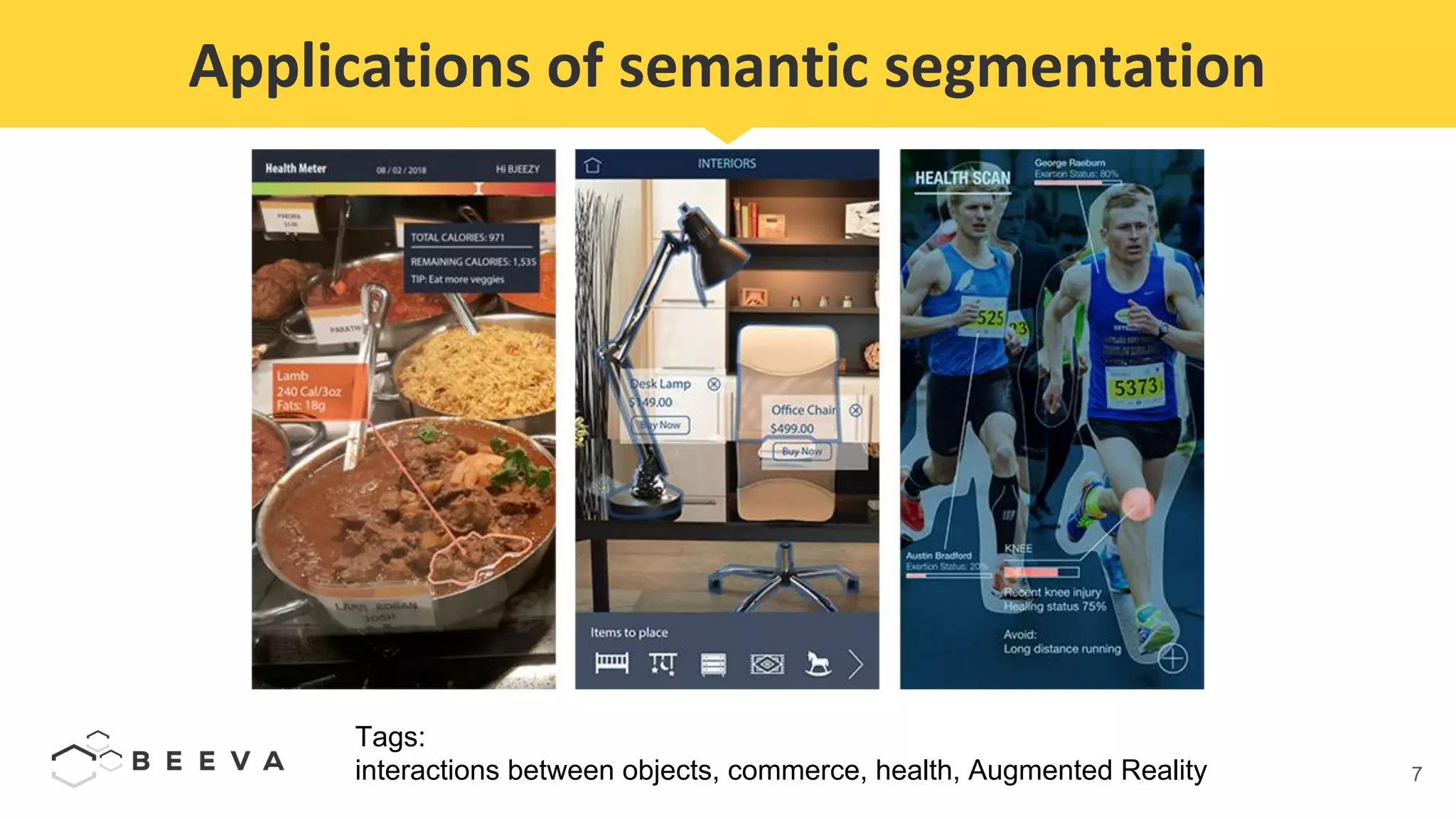 7
Applications of semantic segmentation
Tags:
interactions between objects, commerce, health, Augmented Reality
 
