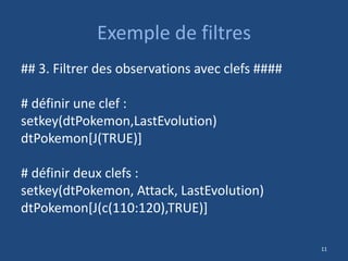 Exemple de filtres
## 3. Filtrer des observations avec clefs ####
# définir une clef :
setkey(dtPokemon,LastEvolution)
dtPokemon[J(TRUE)]
# définir deux clefs :
setkey(dtPokemon, Attack, LastEvolution)
dtPokemon[J(c(110:120),TRUE)]
11
 