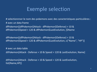 Exemple selection
# selectionnner le nom des pokemons avec des caracteristiques particulières :
# avec un data frame
dfPokemon[(dfPokemon$Attack - dfPokemon$Defense) > 10 &
dfPokemon$Speed > 120 & dfPokemon$LastEvolution, ]$Name
dfPokemon[(dfPokemon$Attack - dfPokemon$Defense) > 10 &
dfPokemon$Speed > 120 & dfPokemon$LastEvolution, c("Name", "HP")]
# avec un data table
dtPokemon[Attack - Defense > 10 & Speed > 120 & LastEvolution, Name]
dtPokemon[Attack - Defense > 10 & Speed > 120 & LastEvolution,
list(Name,HP)]
7
 