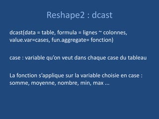 Reshape2 : dcast
dcast(data = table, formula = lignes ~ colonnes,
value.var=cases, fun.aggregate= fonction)
case : variable qu’on veut dans chaque case du tableau
La fonction s’applique sur la variable choisie en case :
somme, moyenne, nombre, min, max ...
 