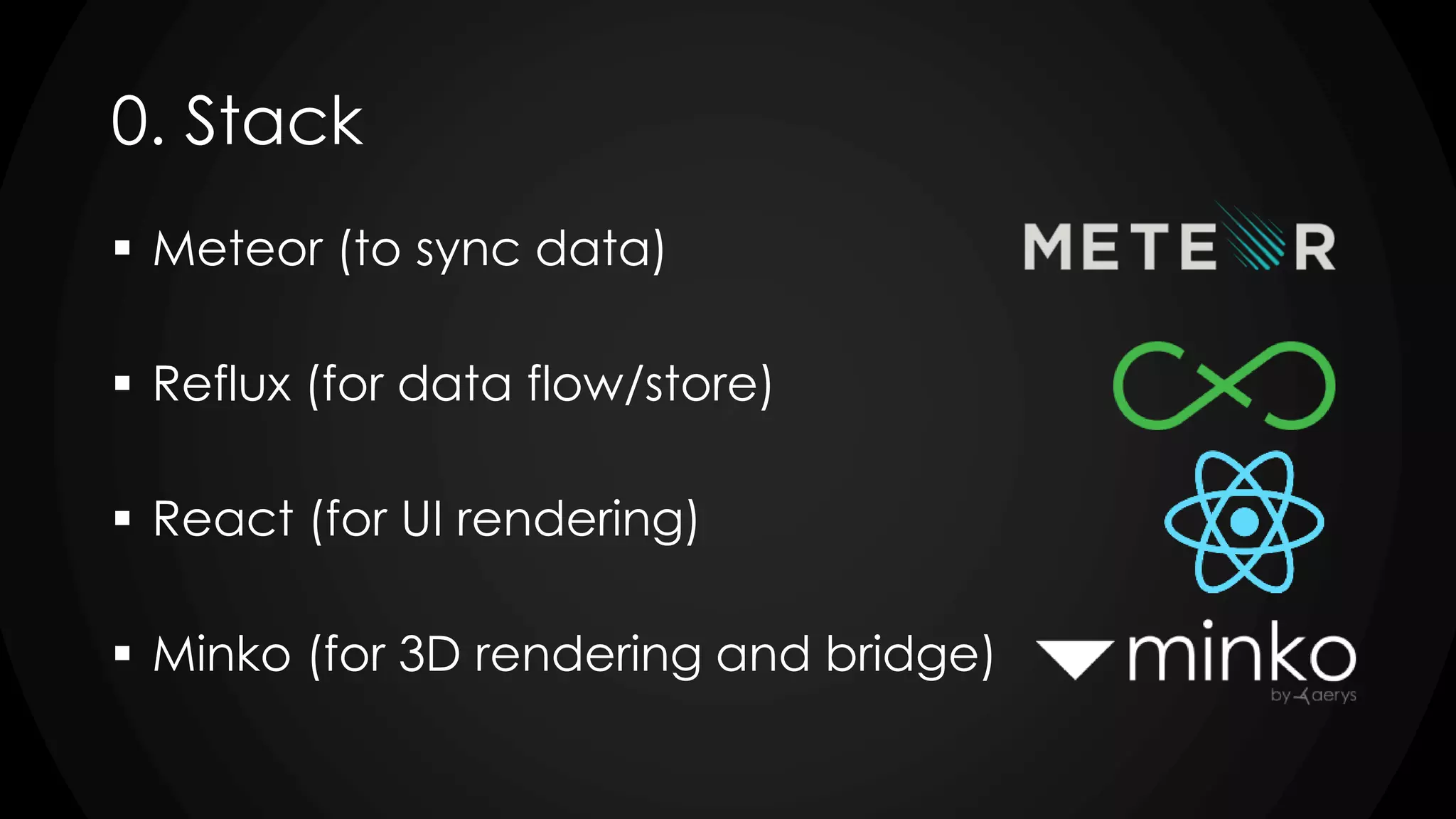 0. Stack
 Meteor (to sync data)
 Reflux (for data flow/store)
 React (for UI rendering)
 Minko (for 3D rendering and bridge)
 