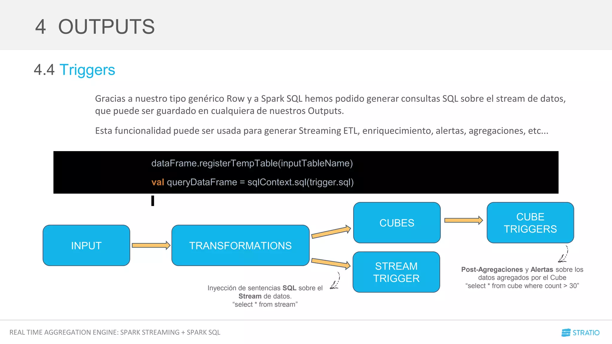 REAL TIME AGGREGATION ENGINE: SPARK STREAMING + SPARK SQL
4.4 Triggers
Gracias a nuestro tipo genérico Row y a Spark SQL hemos podido generar consultas SQL sobre el stream de datos,
que puede ser guardado en cualquiera de nuestros Outputs.
Esta funcionalidad puede ser usada para generar Streaming ETL, enriquecimiento, alertas, agregaciones, etc...
4 OUTPUTS
dataFrame.registerTempTable(inputTableName)
val queryDataFrame = sqlContext.sql(trigger.sql)
INPUT TRANSFORMATIONS
CUBES
STREAM
TRIGGER
CUBE
TRIGGERS
Post-Agregaciones y Alertas sobre los
datos agregados por el Cube
“select * from cube where count > 30”Inyección de sentencias SQL sobre el
Stream de datos.
“select * from stream”
 