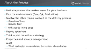 All contents © MuleSoft Inc.
About the Process
5
• Define a process that makes sense for your business
• Map the environments (Dev, QA, Production)
• Involve the other teams involved in the delivery process
– Operations Team
– Security Team
• Think about fixing bugs
• Deploy approvers
• Think about the rollback strategy
• Properties and secrets management
• Audit
– Which application was published, the version, who and when
 