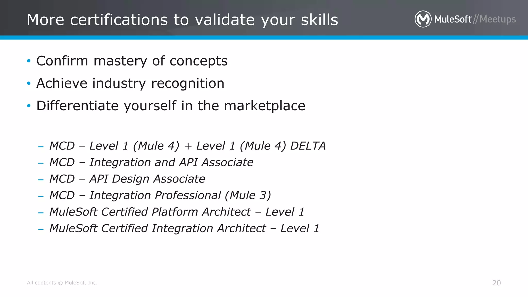All contents © MuleSoft Inc.
More certifications to validate your skills
20
• Confirm mastery of concepts
• Achieve industry recognition
• Differentiate yourself in the marketplace
– MCD – Level 1 (Mule 4) + Level 1 (Mule 4) DELTA
– MCD – Integration and API Associate
– MCD – API Design Associate
– MCD – Integration Professional (Mule 3)
– MuleSoft Certified Platform Architect – Level 1
– MuleSoft Certified Integration Architect – Level 1
 