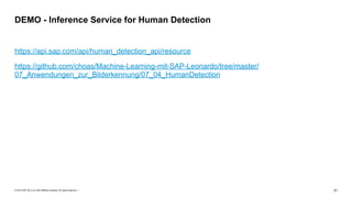 © 2019 SAP SE or an SAP affiliate company. All rights reserved. ǀ "21
https://api.sap.com/api/human_detection_api/resource
https://github.com/choas/Machine-Learning-mit-SAP-Leonardo/tree/master/
07_Anwendungen_zur_Bilderkennung/07_04_HumanDetection
DEMO - Inference Service for Human Detection
 