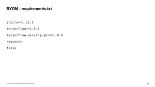 © 2019 SAP SE or an SAP affiliate company. All rights reserved. ǀ "84
grpcio==1.12.1
tensorflow==1.8.0
tensorflow-serving-api==1.8.0
requests
flask
BYOM - requirements.txt
 