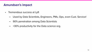 Amundsen’s impact
• Tremendous success at Lyft
‒ Used by Data Scientists, Engineers, PMs, Ops, even Cust. Service!
‒ 90% penetration among Data Scientists
‒ +30% productivity for the Data science org.
53
 