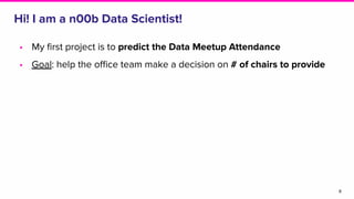 • My ﬁrst project is to predict the Data Meetup Attendance
• Goal: help the oﬃce team make a decision on # of chairs to provide
Hi! I am a n00b Data Scientist!
8
 