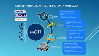 RELIABLY AND QUICKLY DELIVER IOT DATA WITH MQTT
Open royalty-free spec
Wide variety of clients and
servers
•Hobbyist to enterprise
•Open source to commercial
Minimal pub/sub messaging
semantics
•Asynchronous (“push”)
delivery
•Simple set of verbs --
connect, publish, subscribe
and disconnect
Minimized on-the-wire format
•Smallest packet size 2 bytes
Scalable
Low footprint
•Clients: C=30Kb; Java=100Kb
Three qualities of service
•0 – at most once delivery
•1 – assured delivery dups ok
•2 – once and once only delivery
Copes with loss of contact between
client and server.
•“Last will and testament” to publish a
message if the client goes offline.
 
