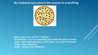 My husband says pizza is the answer to everything
Using “pizza-as-a-service” analogy:
•On Premise = you buy everything and make the pizza at home
•IaaS = take and bake (pick up the pizza, you cook it at home)
•PaaS = pizza delivered
•SaaS = dining in the restaurant
 
