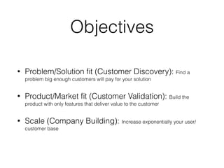 Objectives
• Problem/Solution ﬁt (Customer Discovery): Find a
problem big enough customers will pay for your solution
• Product/Market ﬁt (Customer Validation): Build the
product with only features that deliver value to the customer
• Scale (Company Building): Increase exponentially your user/
customer base
 
