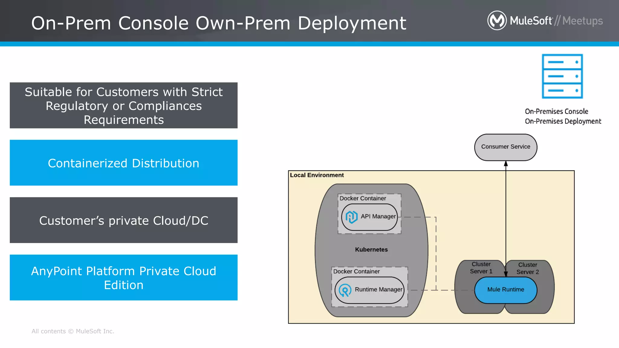 All contents © MuleSoft Inc. On-Prem Console Own-Prem Deployment 32 Suitable for Customers with Strict Regulatory or Compliances Requirements Containerized Distribution Customer’s private Cloud/DC AnyPoint Platform Private Cloud Edition 