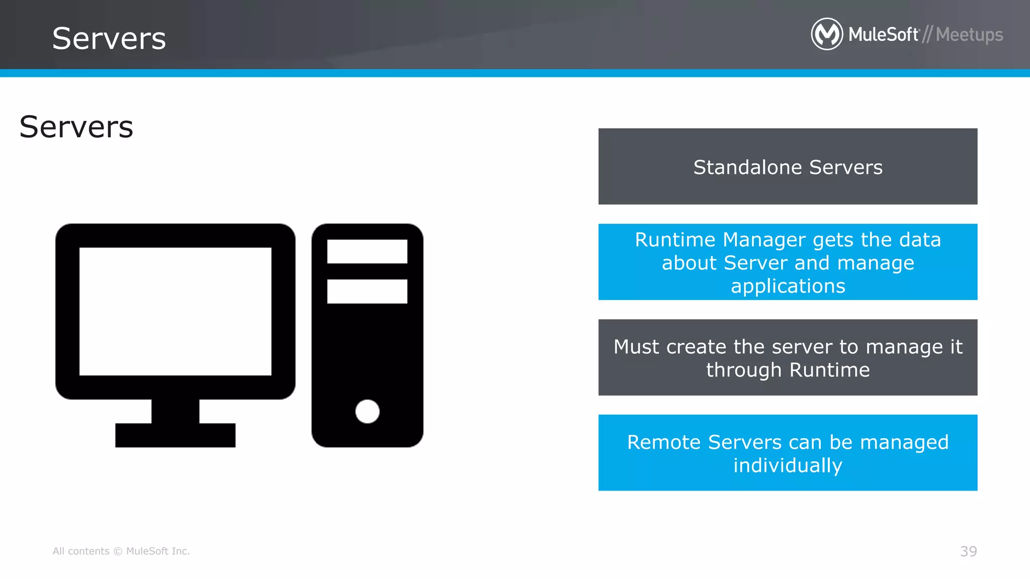 All contents © MuleSoft Inc. Servers 39 Servers Standalone Servers Runtime Manager gets the data about Server and manage applications Must create the server to manage it through Runtime Remote Servers can be managed individually 