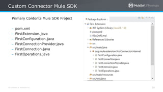 All contents © MuleSoft Inc.
Custom Connector Mule SDK
59
Primary Contents Mule SDK Project
– pom.xml
– FirstExtension.java
– FirstConfiguration.java
– FirstConnectionProvider.java
– FirstConnection.java
– FirstOperations.java
 