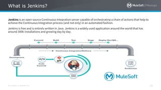 All contents © MuleSoft Inc.
What is Jenkins?
22
Jenkins is an open source Continuous Integration server capable of orchestrating a chain of actions that help to
achieve the Continuous Integration process (and not only) in an automated fashion.
Jenkins is free and is entirely written in Java. Jenkins is a widely used application around the world that has
around 300k installations and growing day by day.
 