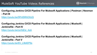 All contents © MuleSoft Inc. 44
Configuring Jenkins CI/CD Pipeline For Mulesoft Applications | Postman | Newman
- Part III
https://youtu.be/5PntSRhOXzQ
Configuring Jenkins CI/CD Pipeline For Mulesoft Applications | Muelsoft |
Jenkinsfile - Part IV
https://youtu.be/ca1bEIz_4sA
Configuring Jenkins CI/CD Pipeline For Mulesoft Applications | Muelsoft |
Jenkinsfile - Part V
https://youtu.be/Eh_L9bIEP9s
MuleSoft YouTube Videos References
 