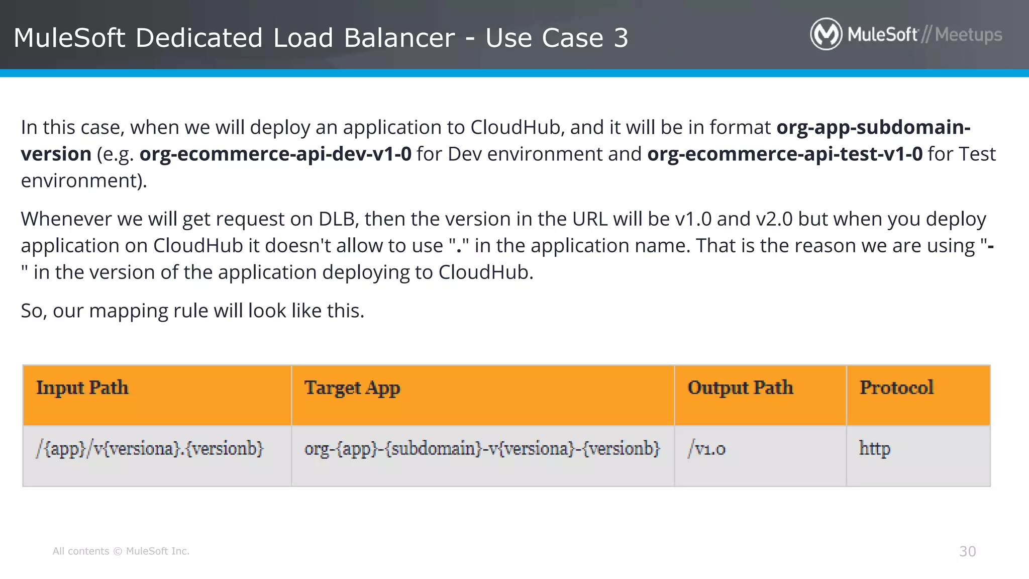 All contents © MuleSoft Inc. MuleSoft Dedicated Load Balancer - Use Case 3 30 In this case, when we will deploy an application to CloudHub, and it will be in format org-app-subdomain- version (e.g. org-ecommerce-api-dev-v1-0 for Dev environment and org-ecommerce-api-test-v1-0 for Test environment). Whenever we will get request on DLB, then the version in the URL will be v1.0 and v2.0 but when you deploy application on CloudHub it doesn't allow to use "." in the application name. That is the reason we are using "- " in the version of the application deploying to CloudHub. So, our mapping rule will look like this. 