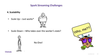 22Confidential
Spark Streaming Challenges
• Scale Up – Just works*
• Scale Down – Who takes over the worker’s state?
4. Scalability
No One!
 