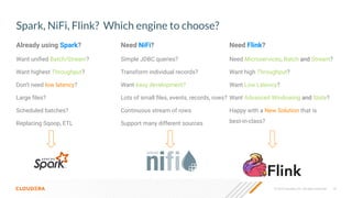 © 2023 Cloudera, Inc. All rights reserved. 16
Already using Spark? Need NiFi? Need Flink?
Want uniﬁed Batch/Stream?
Want highest Throughput?
Don’t need low latency?
Large ﬁles?
Scheduled batches?
Replacing Sqoop, ETL
Simple JDBC queries?
Transform individual records?
Want easy development?
Lots of small ﬁles, events, records, rows?
Continuous stream of rows
Support many different sources
Need Microservices, Batch and Stream?
Want high Throughput?
Want Low Latency?
Want Advanced Windowing and State?
Happy with a New Solution that is
best-in-class?
Spark, NiFi, Flink? Which engine to choose?
 