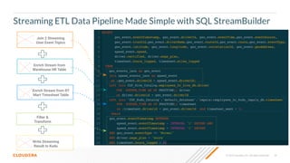 © 2023 Cloudera, Inc. All rights reserved. 36
Streaming ETL Data Pipeline Made Simple with SQL StreamBuilder
Write Streaming
Result to Kudu
Join 2 Streaming
User Event Topics
Enrich Stream from
Warehouse HR Table
Enrich Stream from RT
Mart Timesheet Table
Filter &
Transform
 