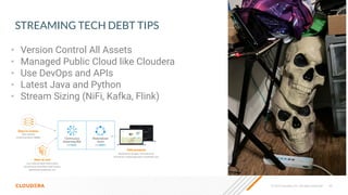© 2023 Cloudera, Inc. All rights reserved. 65
STREAMING TECH DEBT TIPS
• Version Control All Assets
• Managed Public Cloud like Cloudera
• Use DevOps and APIs
• Latest Java and Python
• Stream Sizing (NiFi, Kafka, Flink)
 