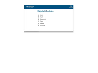 Blockchain Workspace www.blockchainworkspace.com
“ATOMIC”
Blockchain touches…
1. Assets
2. Trust
3. Ownership
4. Money
5. Identity
6. Contracts
 