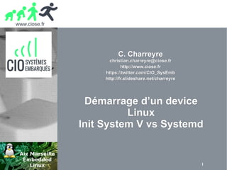 www.ciose.fr
1
Démarrage d’un deviceDémarrage d’un device
LinuxLinux
Init System V vs SystemdInit System V vs Systemd
C. CharreyreC. Charreyre
christian.charreyre@ciose.frchristian.charreyre@ciose.fr
http://www.ciose.frhttp://www.ciose.fr
https://twitter.com/CIO_SysEmbhttps://twitter.com/CIO_SysEmb
http://fr.slideshare.net/charreyrehttp://fr.slideshare.net/charreyre
 