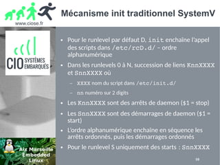 www.ciose.fr
10
Mécanisme init traditionnel SystemV
● Pour le runlevel par défaut D, init enchaîne l’appel
des scripts dans /etc/rcD.d/ – ordre
alphanumérique
● Dans les runlevels 0 à N, succession de liens KnnXXXX
et SnnXXXX où
– XXXX nom du script dans /etc/init.d/
– nn numéro sur 2 digits
● Les KnnXXXX sont des arrêts de daemon ($1 = stop)
● Les SnnXXXX sont des démarrages de daemon ($1 =
start)
● L’ordre alphanumérique enchaîne en séquence les
arrêts ordonnés, puis les démarrages ordonnés
● Pour le runlevel S uniquement des starts :  SnnXXXX
 