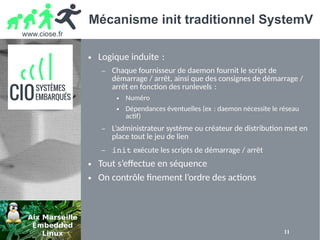 www.ciose.fr
11
Mécanisme init traditionnel SystemV
● Logique induite : 
– Chaque fournisseur de daemon fournit le script de
démarrage / arrêt, ainsi que des consignes de démarrage /
arrêt en fonction des runlevels : 
● Numéro
● Dépendances éventuelles (ex : daemon nécessite le réseau 
actif)
– L’administrateur système ou créateur de distribution met en
place tout le jeu de lien
– init exécute les scripts de démarrage / arrêt
● Tout s’effectue en séquence
● On contrôle finement l’ordre des actions
 