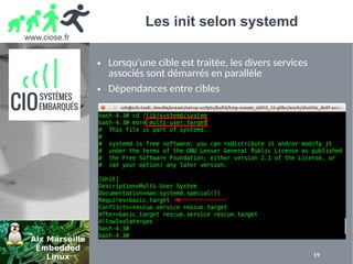 www.ciose.fr
19
Les init selon systemd
● Lorsqu’une cible est traitée, les divers services
associés sont démarrés en parallèle
● Dépendances entre cibles
 