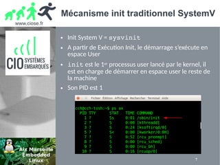 www.ciose.fr
7
Mécanisme init traditionnel SystemV
● Init System V = sysvinit
● A partir de Exécution Init, le démarrage s’exécute en
espace User
● init est le 1er processus user lancé par le kernel, il
est en charge de démarrer en espace user le reste de
la machine
● Son PID est 1
 
