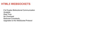 HTML5 WEBSOCKETS
lFull Duplex Bidirectional Communication
lScalable
lReal Time
lNo Overhead
lReduced Complexity
lUpgrades to the WebSocket Protocol
 