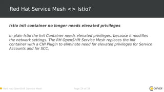 Red Hat OpenShift Service Mesh Page 24 of 36
Red Hat Service Mesh <> Istio?
Istio init container no longer needs elevated privileges
In plain Istio the Init Container needs elevated privileges, because it modifies
the network settings. The RH OpenShift Service Mesh replaces the Init
container with a CNI Plugin to eliminate need for elevated privileges for Service
Accounts and for SCC.
 