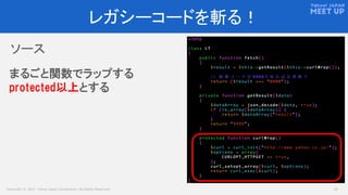 Copyright © 2017 Yahoo Japan Corporation. All Rights Reserved. 14
レガシーコードを斬る！
ソース
まるごと関数でラップする
protected以上とする
 