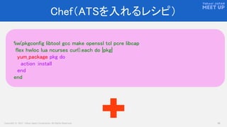 Copyright © 2017 Yahoo Japan Corporation. All Rights Reserved. 39
Chef（ATSを入れるレシピ）
%w(pkgconfig libtool gcc make openssl tcl pcre libcap
flex hwloc lua ncurses curl).each do |pkg|
yum_package pkg do
action :install
end
end
 