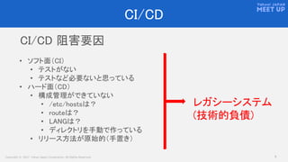 Copyright © 2017 Yahoo Japan Corporation. All Rights Reserved. 9
CI/CD
• ソフト面（CI）
• テストがない
• テストなど必要ないと思っている
• ハード面（CD）
• 構成管理ができていない
• /etc/hostsは？
• routeは？
• LANGは？
• ディレクトリを手動で作っている
• リリース方法が原始的（手置き）
CI/CD 阻害要因
レガシーシステム
(技術的負債)
 