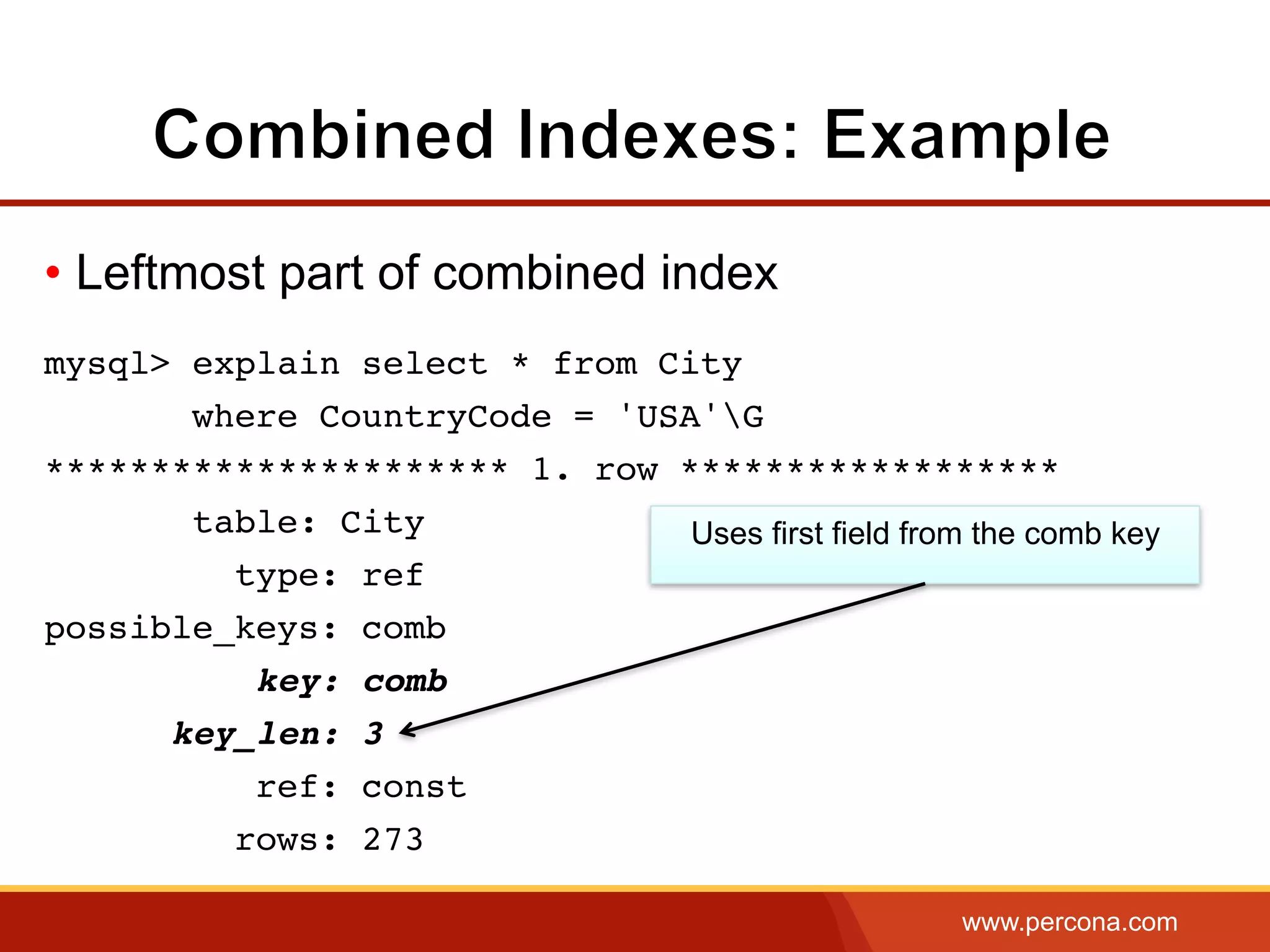 www.percona.com
• Leftmost part of combined index
mysql> explain select * from City
where CountryCode = 'USA'G
********************** 1. row ******************
table: City
type: ref
possible_keys: comb
key: comb
key_len: 3
ref: const
rows: 273
Uses first field from the comb key
 