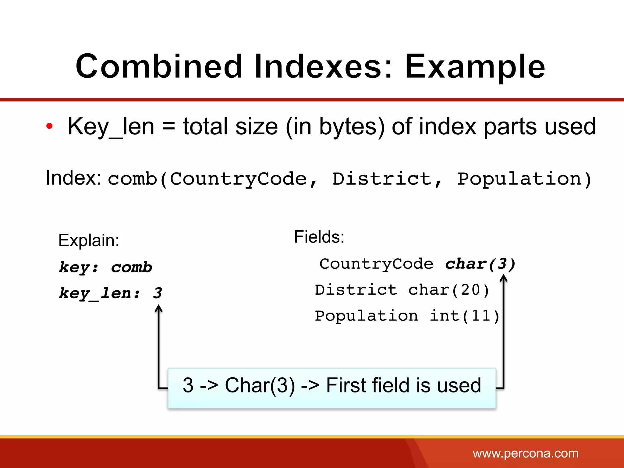 www.percona.com
•  Key_len = total size (in bytes) of index parts used
Index: comb(CountryCode, District, Population)
Explain:
key: comb
key_len: 3
Fields:
CountryCode char(3)
District char(20)
Population int(11)
3 -> Char(3) -> First field is used
 
