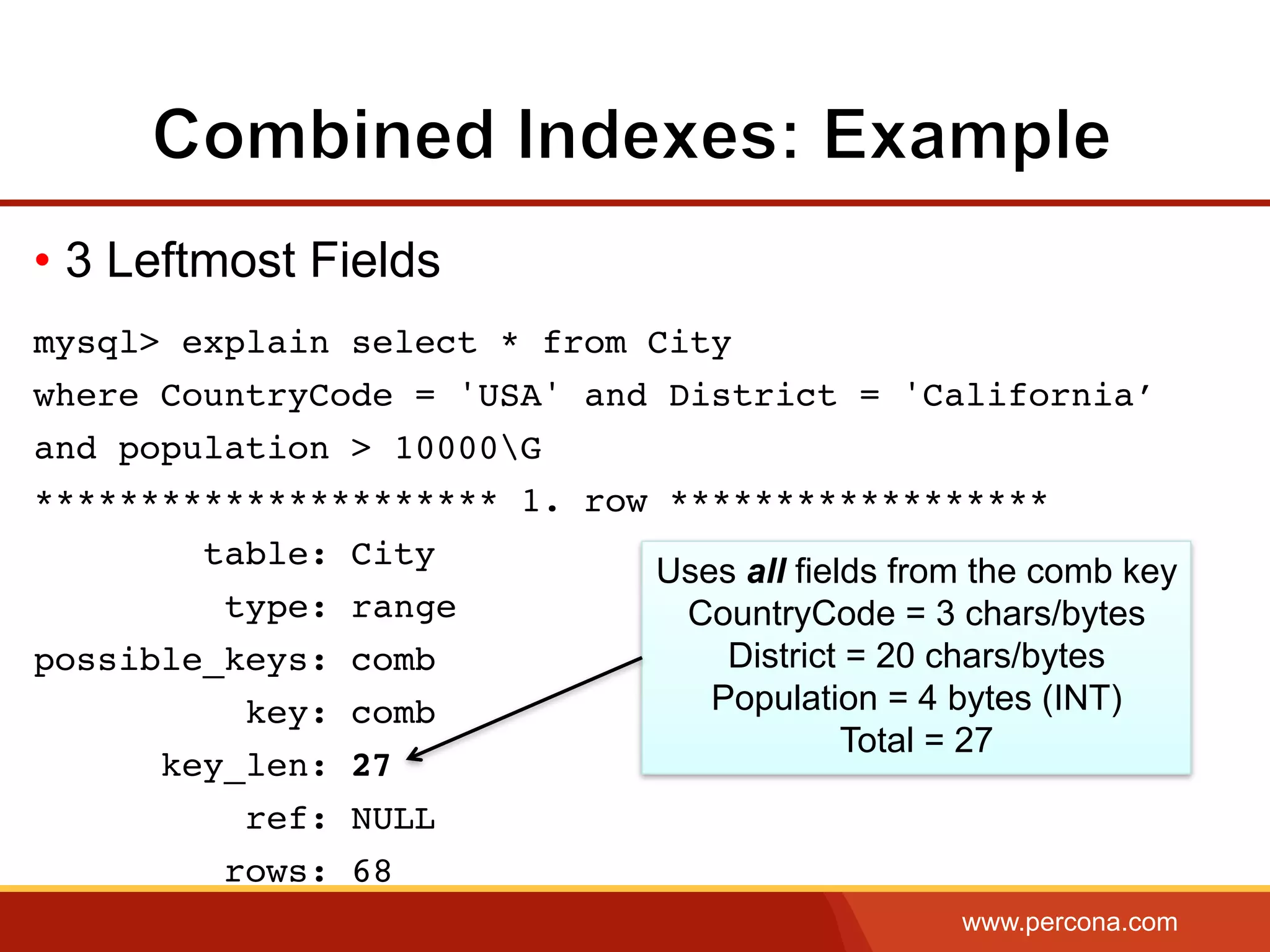 www.percona.com
• 3 Leftmost Fields
mysql> explain select * from City
where CountryCode = 'USA' and District = 'California’
and population > 10000G
********************** 1. row ******************
table: City
type: range
possible_keys: comb
key: comb
key_len: 27
ref: NULL
rows: 68
Uses all fields from the comb key
CountryCode = 3 chars/bytes
District = 20 chars/bytes
Population = 4 bytes (INT)
Total = 27
 