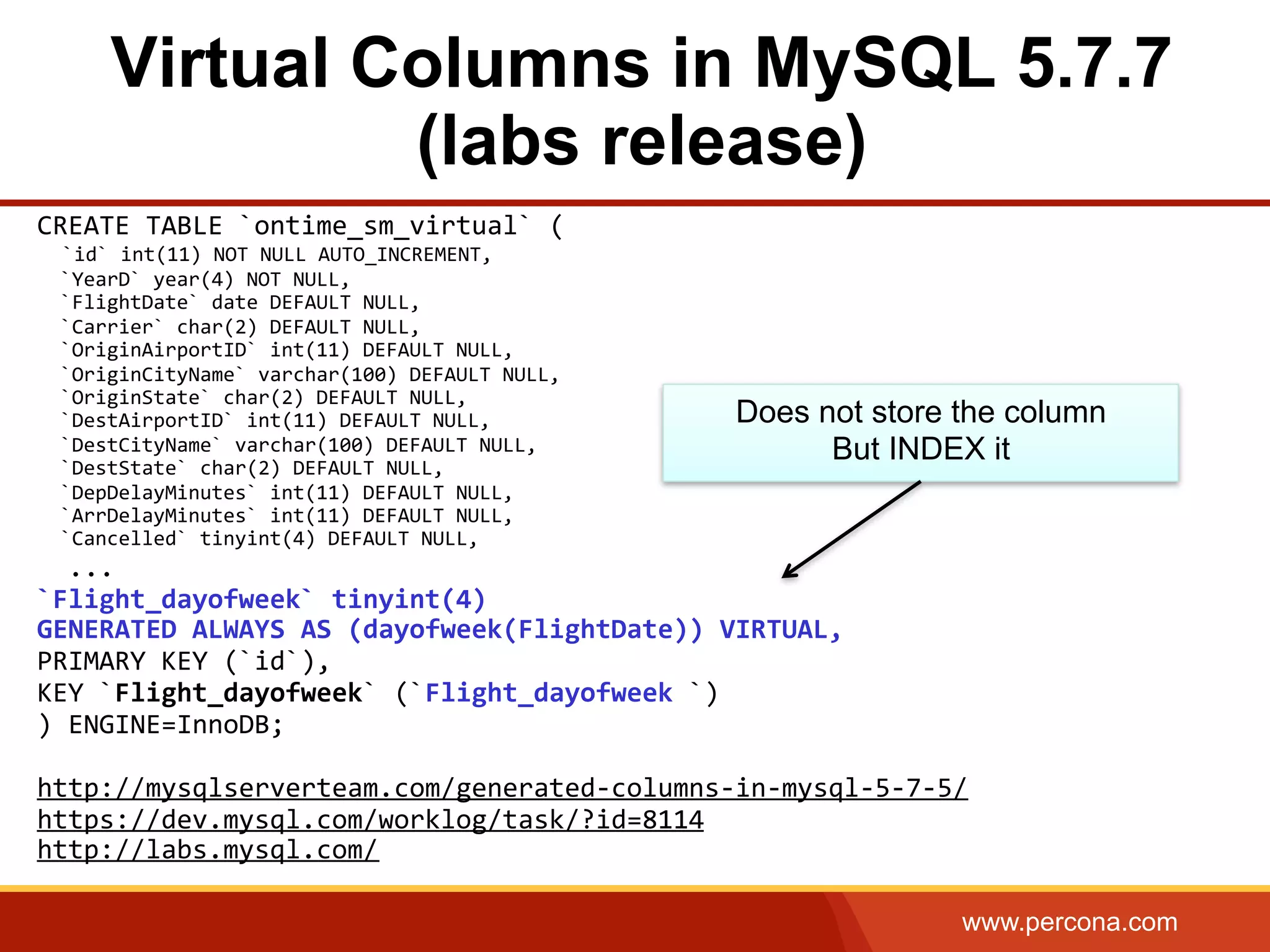 www.percona.com
Virtual Columns in MySQL 5.7.7
(labs release)
CREATE	
  TABLE	
  `ontime_sm_virtual`	
  (	
  
	
  	
  `id`	
  int(11)	
  NOT	
  NULL	
  AUTO_INCREMENT,	
  
	
  	
  `YearD`	
  year(4)	
  NOT	
  NULL,	
  
	
  	
  `FlightDate`	
  date	
  DEFAULT	
  NULL,	
  
	
  	
  `Carrier`	
  char(2)	
  DEFAULT	
  NULL,	
  
	
  	
  `OriginAirportID`	
  int(11)	
  DEFAULT	
  NULL,	
  
	
  	
  `OriginCityName`	
  varchar(100)	
  DEFAULT	
  NULL,	
  
	
  	
  `OriginState`	
  char(2)	
  DEFAULT	
  NULL,	
  
	
  	
  `DestAirportID`	
  int(11)	
  DEFAULT	
  NULL,	
  
	
  	
  `DestCityName`	
  varchar(100)	
  DEFAULT	
  NULL,	
  
	
  	
  `DestState`	
  char(2)	
  DEFAULT	
  NULL,	
  
	
  	
  `DepDelayMinutes`	
  int(11)	
  DEFAULT	
  NULL,	
  
	
  	
  `ArrDelayMinutes`	
  int(11)	
  DEFAULT	
  NULL,	
  
	
  	
  `Cancelled`	
  tinyint(4)	
  DEFAULT	
  NULL,	
  
	
  	
  ...	
  
`Flight_dayofweek`	
  tinyint(4)	
  	
  
GENERATED	
  ALWAYS	
  AS	
  (dayofweek(FlightDate))	
  VIRTUAL,	
  	
  	
  
PRIMARY	
  KEY	
  (`id`),	
  	
  
KEY	
  `Flight_dayofweek`	
  (`Flight_dayofweek	
  `)	
  
)	
  ENGINE=InnoDB;	
  
	
  
http://mysqlserverteam.com/generated-­‐columns-­‐in-­‐mysql-­‐5-­‐7-­‐5/	
  
https://dev.mysql.com/worklog/task/?id=8114	
  	
  
http://labs.mysql.com/	
  
	
  
Does not store the column
But INDEX it
 