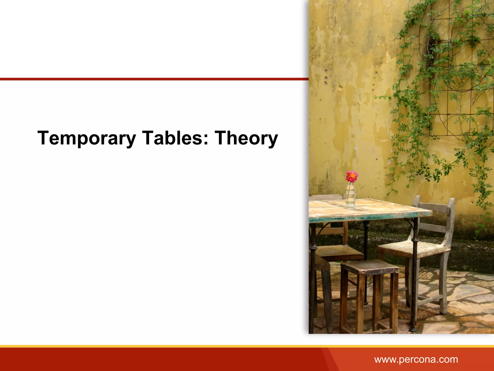 www.percona.com
Temporary Tables: Theory
 