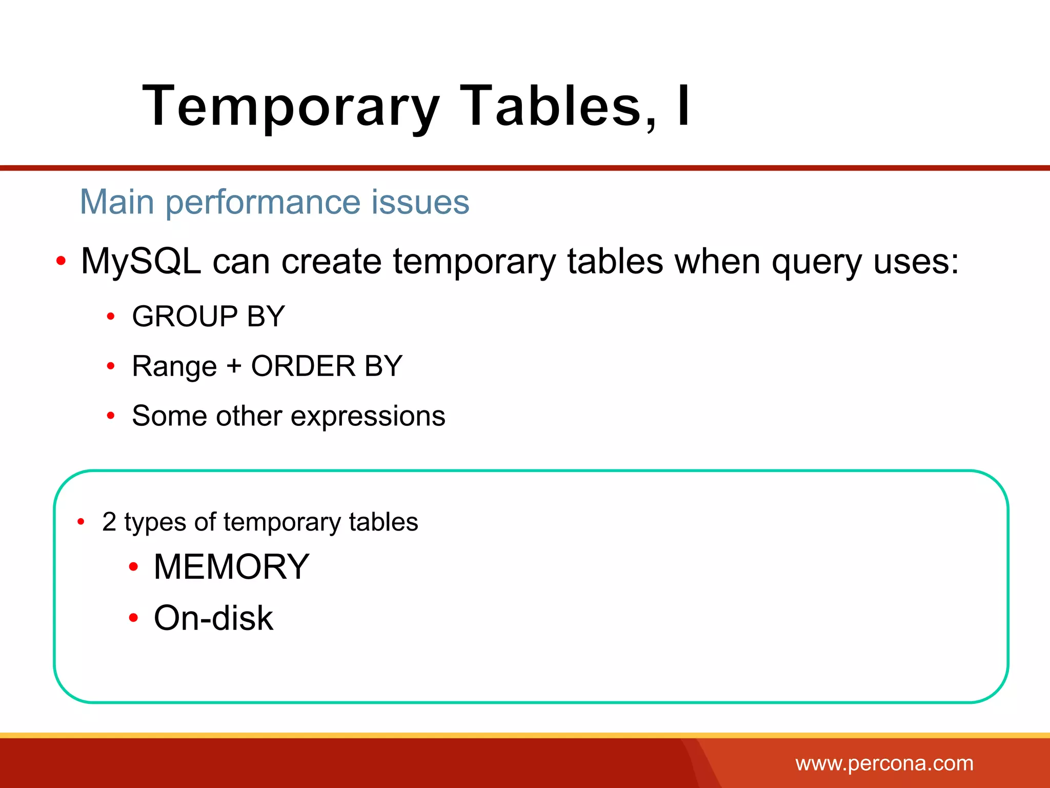 www.percona.com
•  MySQL can create temporary tables when query uses:
•  GROUP BY
•  Range + ORDER BY
•  Some other expressions
Main performance issues
•  2 types of temporary tables
•  MEMORY
•  On-disk
 