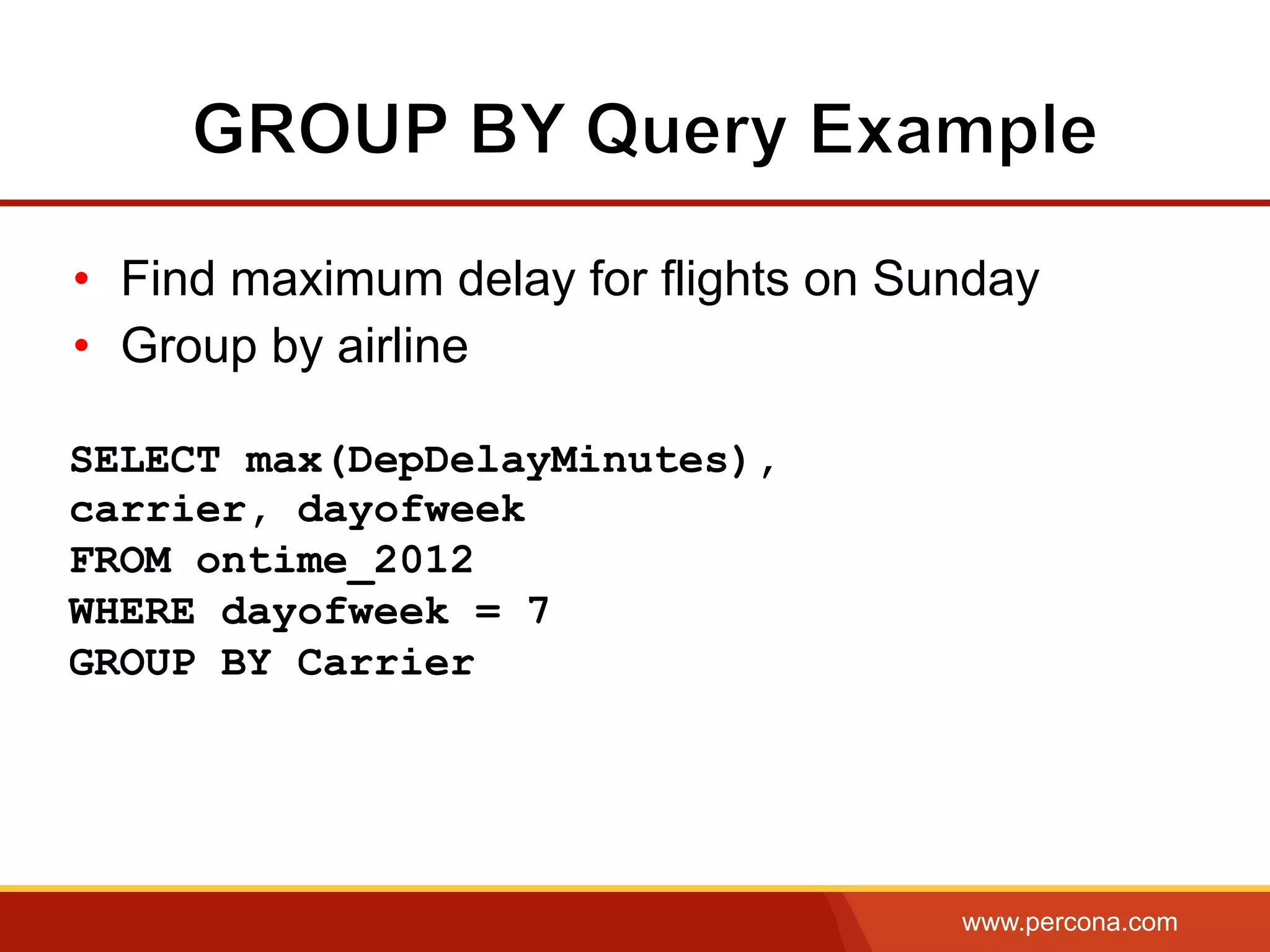 www.percona.com
SELECT max(DepDelayMinutes),
carrier, dayofweek
FROM ontime_2012
WHERE dayofweek = 7
GROUP BY Carrier
•  Find maximum delay for flights on Sunday
•  Group by airline
 