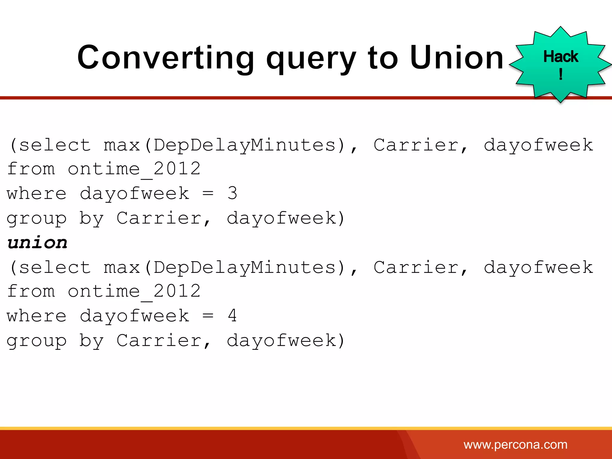 www.percona.com
(select max(DepDelayMinutes), Carrier, dayofweek
from ontime_2012
where dayofweek = 3
group by Carrier, dayofweek)
union
(select max(DepDelayMinutes), Carrier, dayofweek
from ontime_2012
where dayofweek = 4
group by Carrier, dayofweek)
 