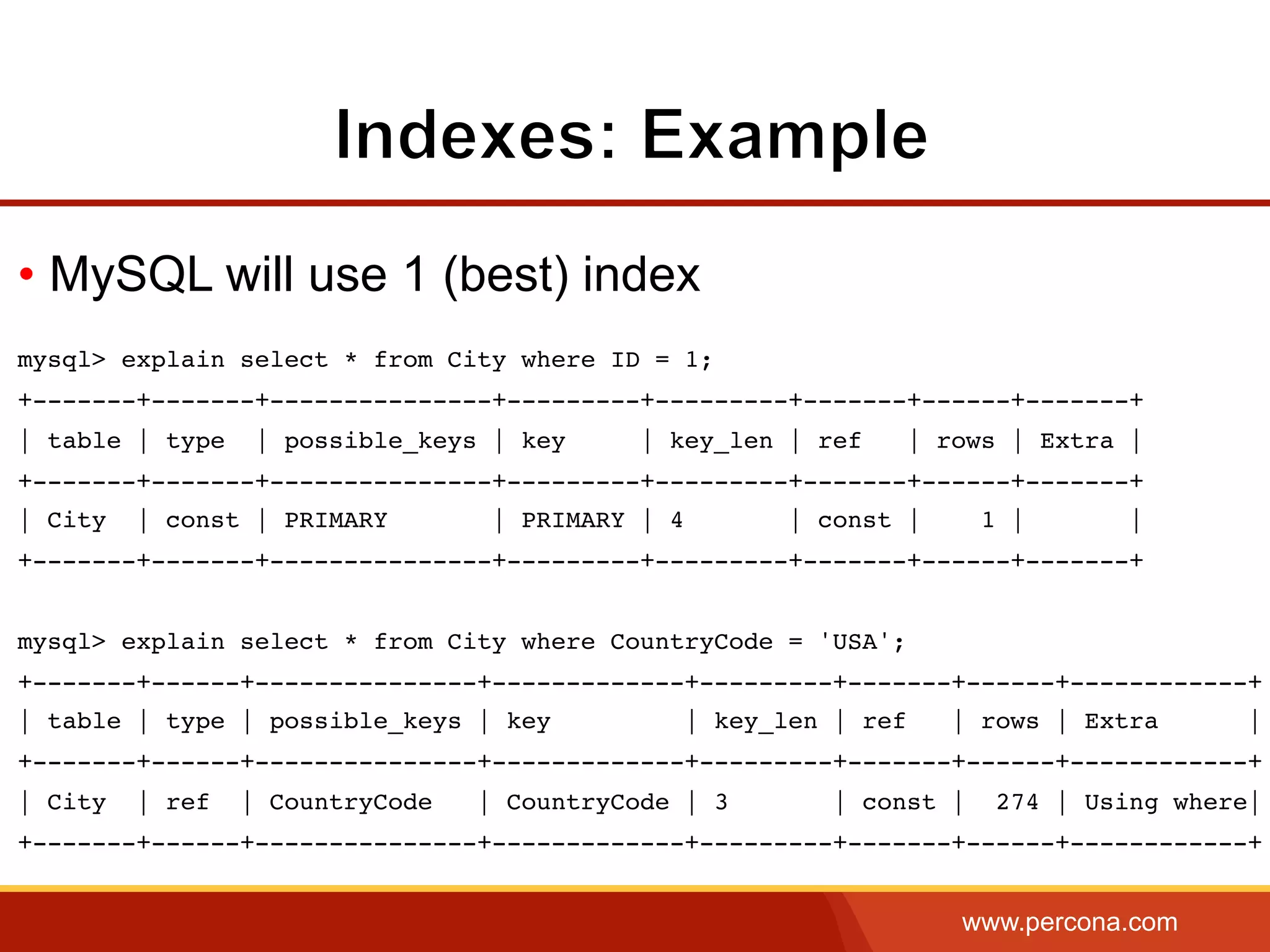 www.percona.com
• MySQL will use 1 (best) index
mysql> explain select * from City where ID = 1;
+-------+-------+---------------+---------+---------+-------+------+-------+
| table | type | possible_keys | key | key_len | ref | rows | Extra |
+-------+-------+---------------+---------+---------+-------+------+-------+
| City | const | PRIMARY | PRIMARY | 4 | const | 1 | |
+-------+-------+---------------+---------+---------+-------+------+-------+
mysql> explain select * from City where CountryCode = 'USA';
+-------+------+---------------+-------------+---------+-------+------+------------+
| table | type | possible_keys | key | key_len | ref | rows | Extra |
+-------+------+---------------+-------------+---------+-------+------+------------+
| City | ref | CountryCode | CountryCode | 3 | const | 274 | Using where|
+-------+------+---------------+-------------+---------+-------+------+------------+
 