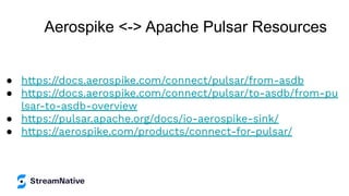 ● https://docs.aerospike.com/connect/pulsar/from-asdb
● https://docs.aerospike.com/connect/pulsar/to-asdb/from-pu
lsar-to-asdb-overview
● https://pulsar.apache.org/docs/io-aerospike-sink/
● https://aerospike.com/products/connect-for-pulsar/
Aerospike <-> Apache Pulsar Resources
 