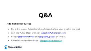 Q&A
Additional Resources
● For a ﬁrst look at Pulsar benchmark report, share your email in the chat
● Join the Pulsar Slack channel - Apache-Pulsar.slack.com
● Follow @streamnativeio and @apache_pulsar on Twitter
● Contact StreamNative Sales - doug@streamnative.io
 
