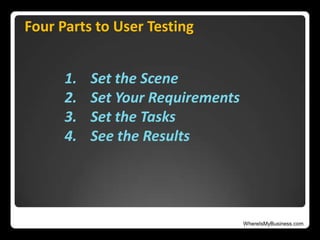 WhereIsMyBusiness.com
Four Parts to User Testing
1. Set the Scene
2. Set Your Requirements
3. Set the Tasks
4. See the Results
 