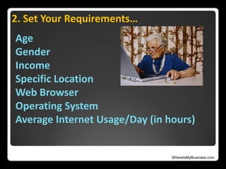 WhereIsMyBusiness.com
2. Set Your Requirements…
Age
Gender
Income
Specific Location
Web Browser
Operating System
Average Internet Usage/Day (in hours)
 