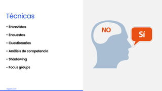 Embrace the challengelagash.com
Técnicas
- Entrevistas
- Encuestas
- Cuestionarios
- Análisis de competencia
- Shadowing
- Focus groups
 